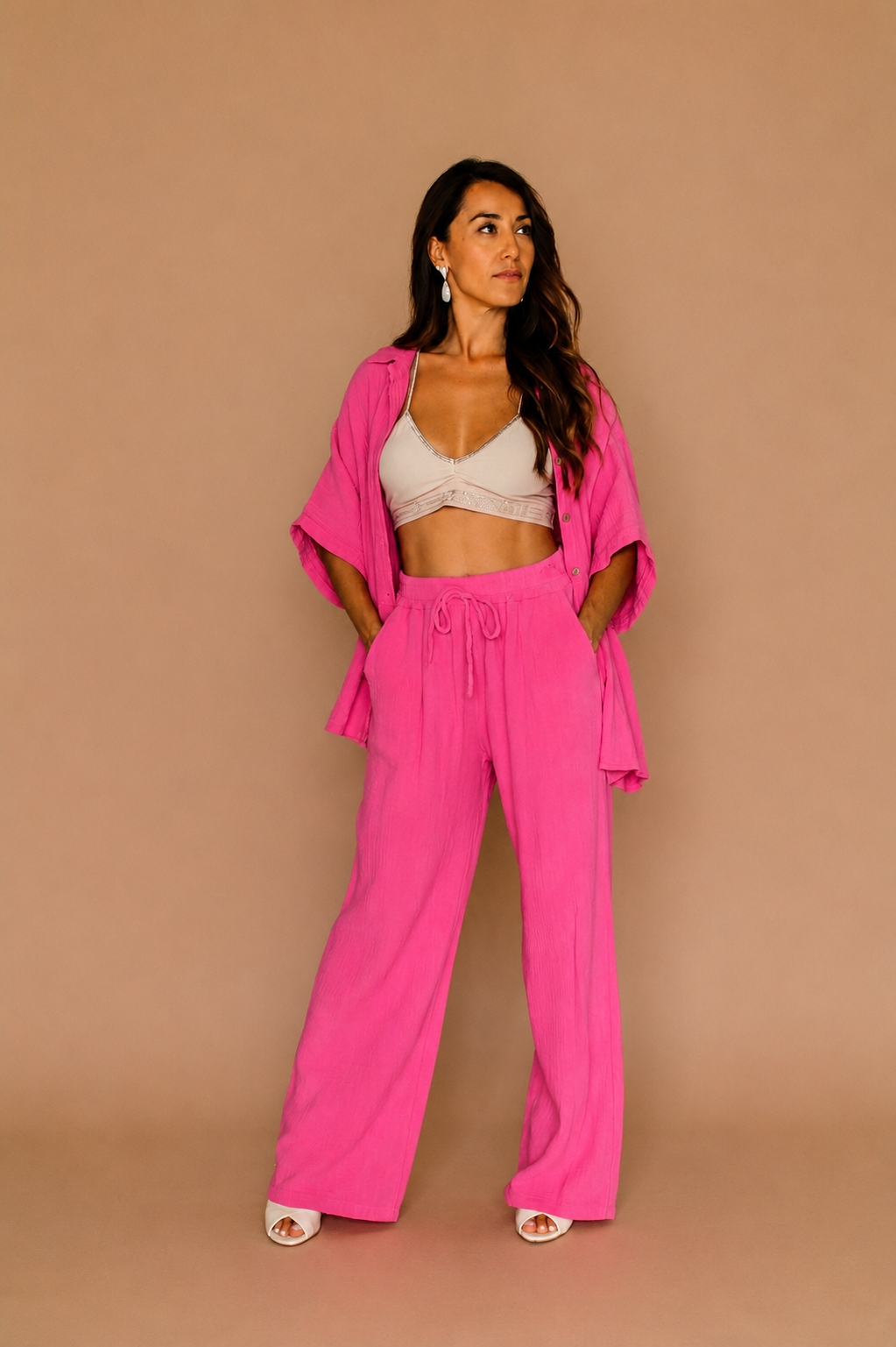 Pantalon fluide en gaze de coton rose fuchsia – Femme