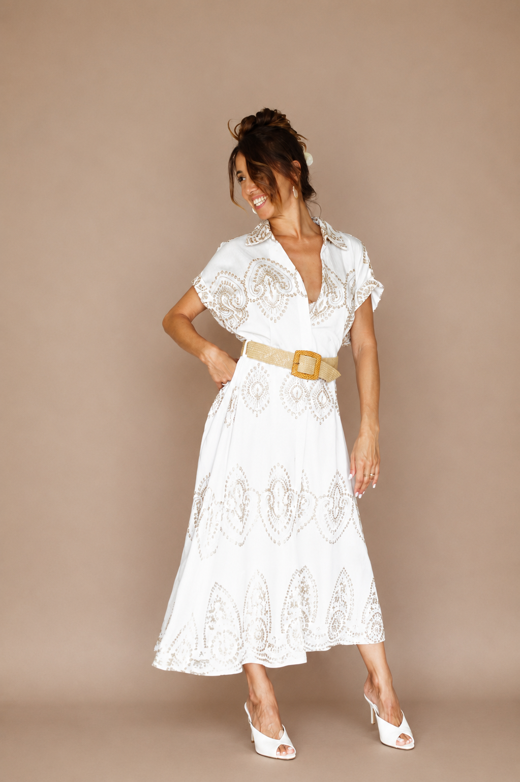 Robe midi bohème blanche avec ceinture – Femme