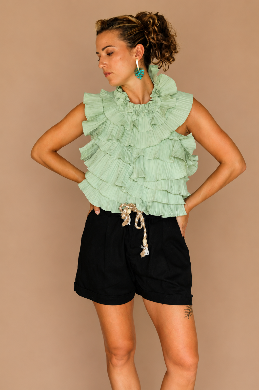 Top à volants vert d’eau dos nu – Femme