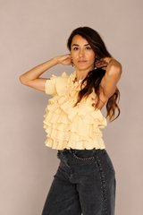 Top à volants jaune pastel dos nu – Femme