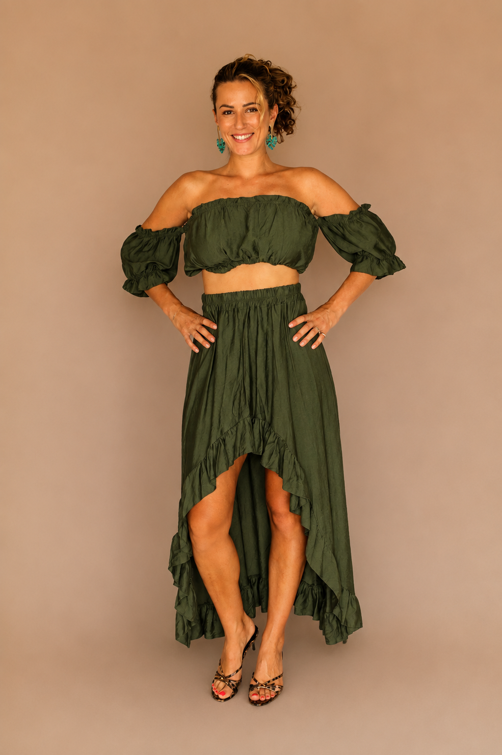 Ensemble bohème vert avec jupe asymétrique – Femme