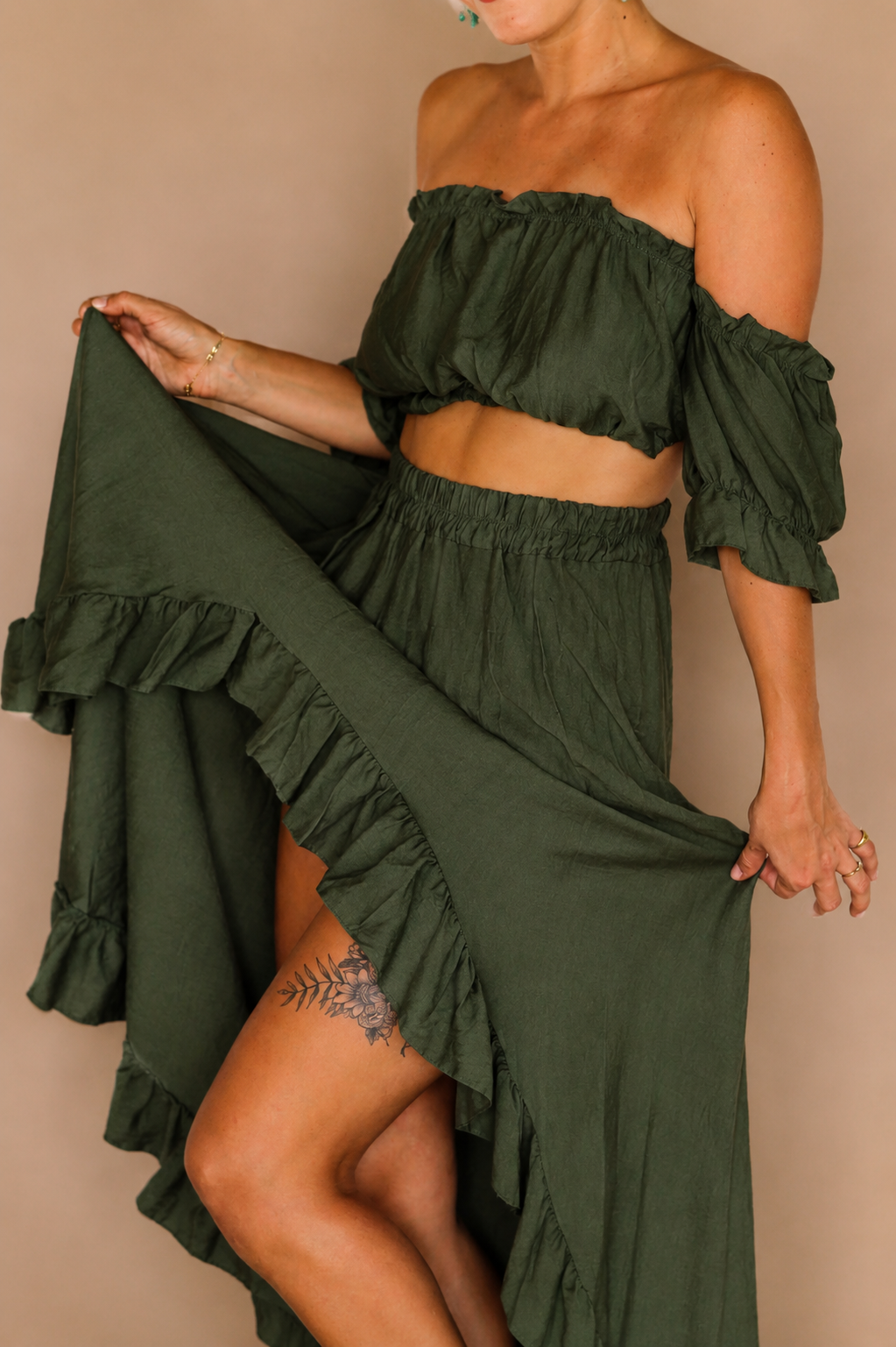 Ensemble bohème vert avec jupe asymétrique – Femme