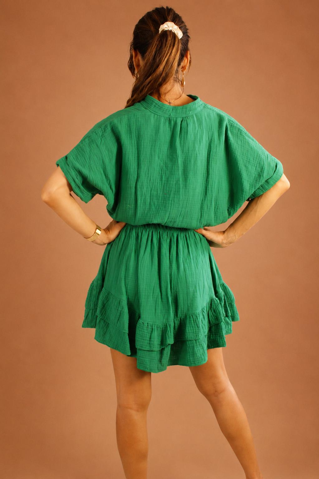 Ensemble deux pièces en gaze de coton vert – Femme