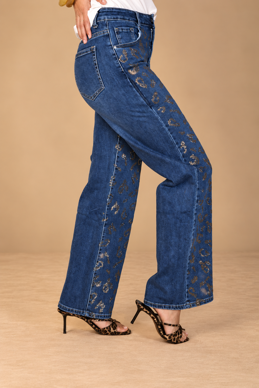 Jean taille haute à strass – Bleu jeans