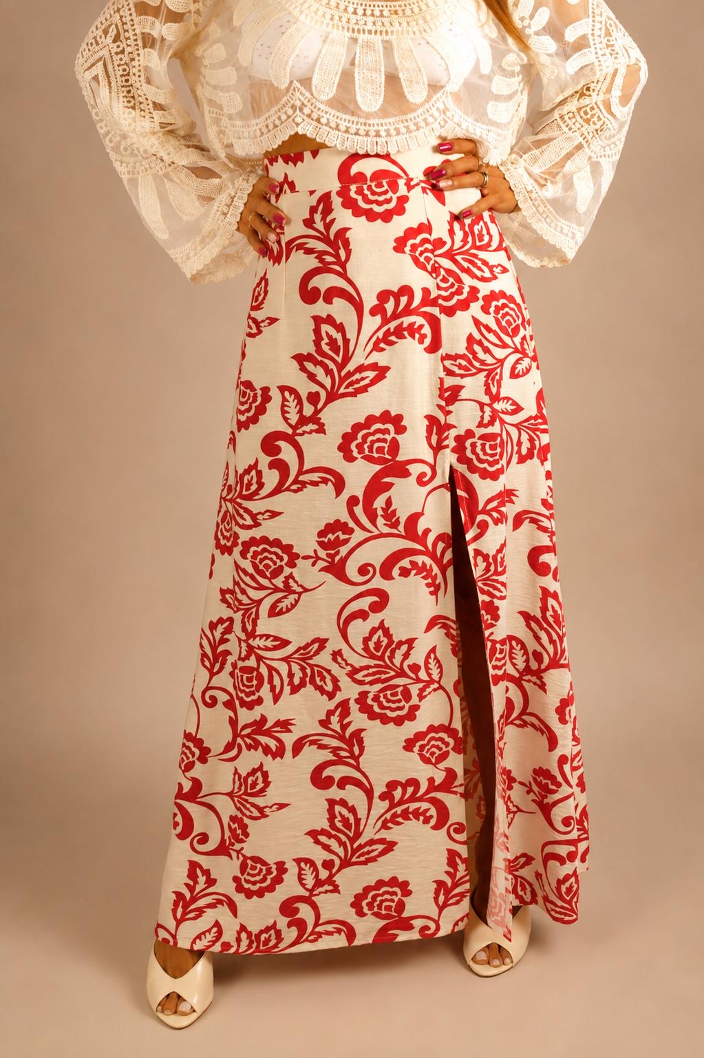 Jupe longue fendue à imprimé floral rouge
