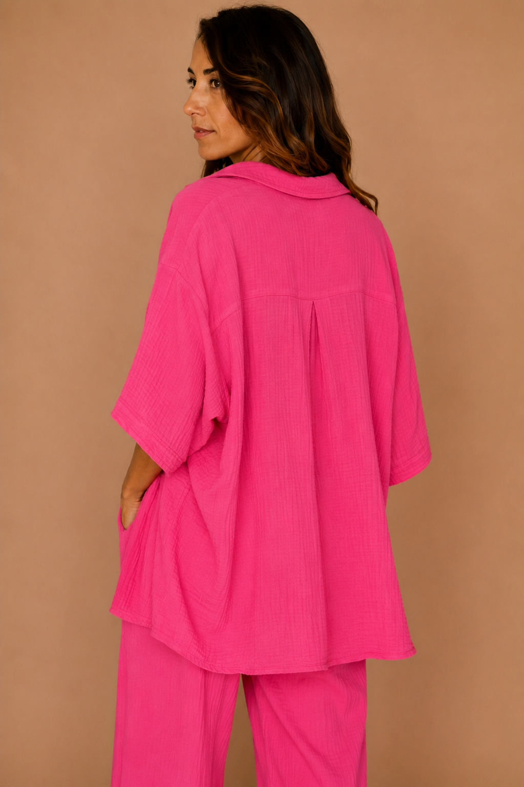 Chemise oversize en gaze de coton rose fuchsia – Femme