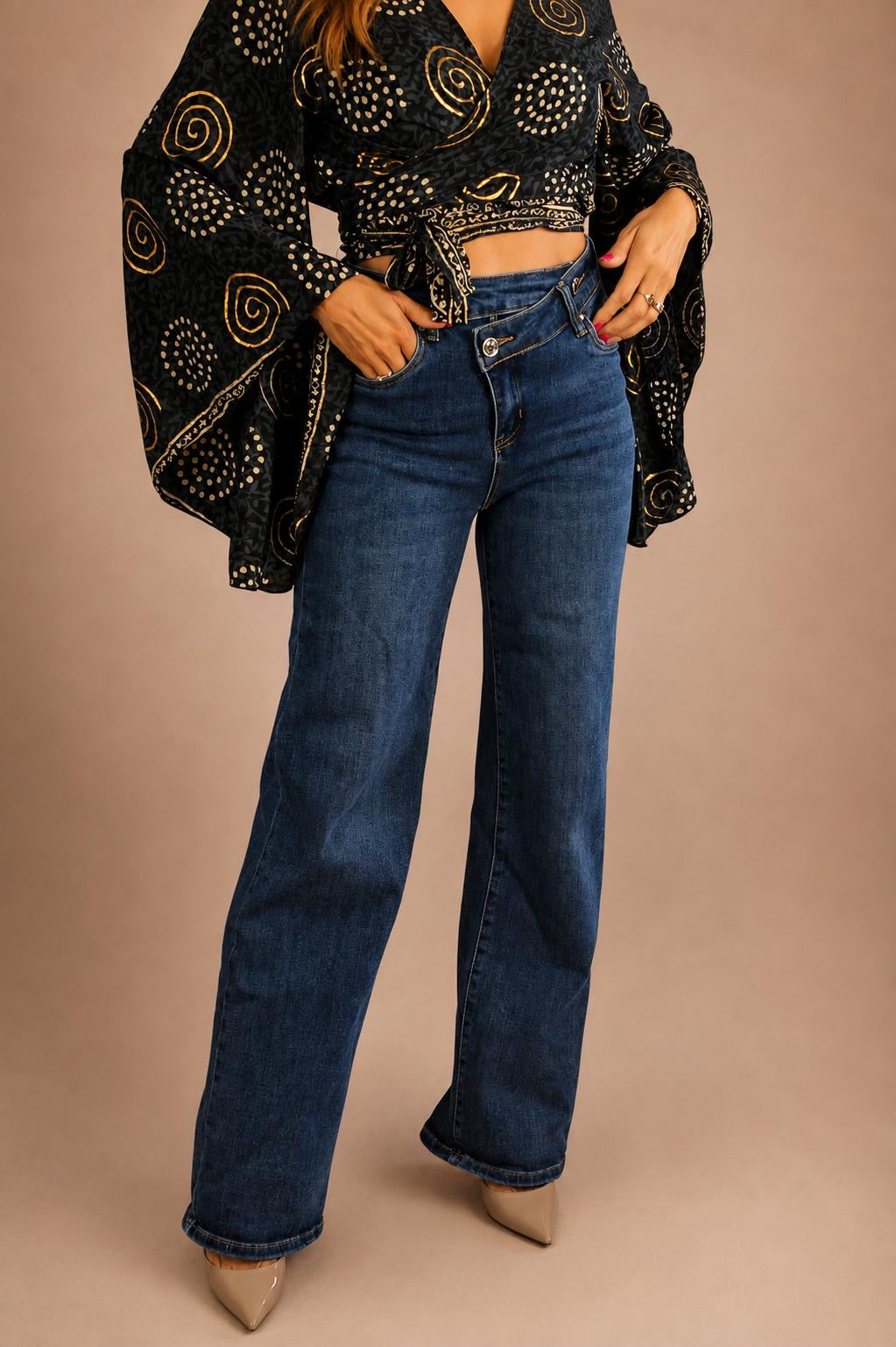 Jean taille haute à bouton croisé – Bleu brut