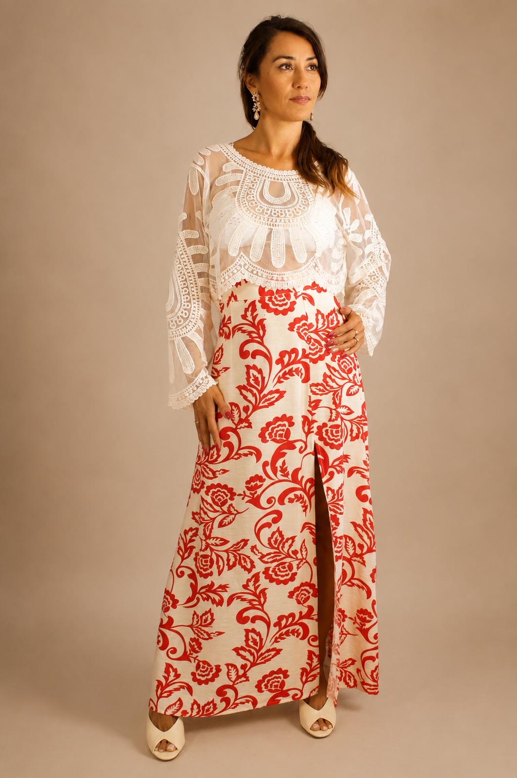 Jupe longue fendue à imprimé floral rouge