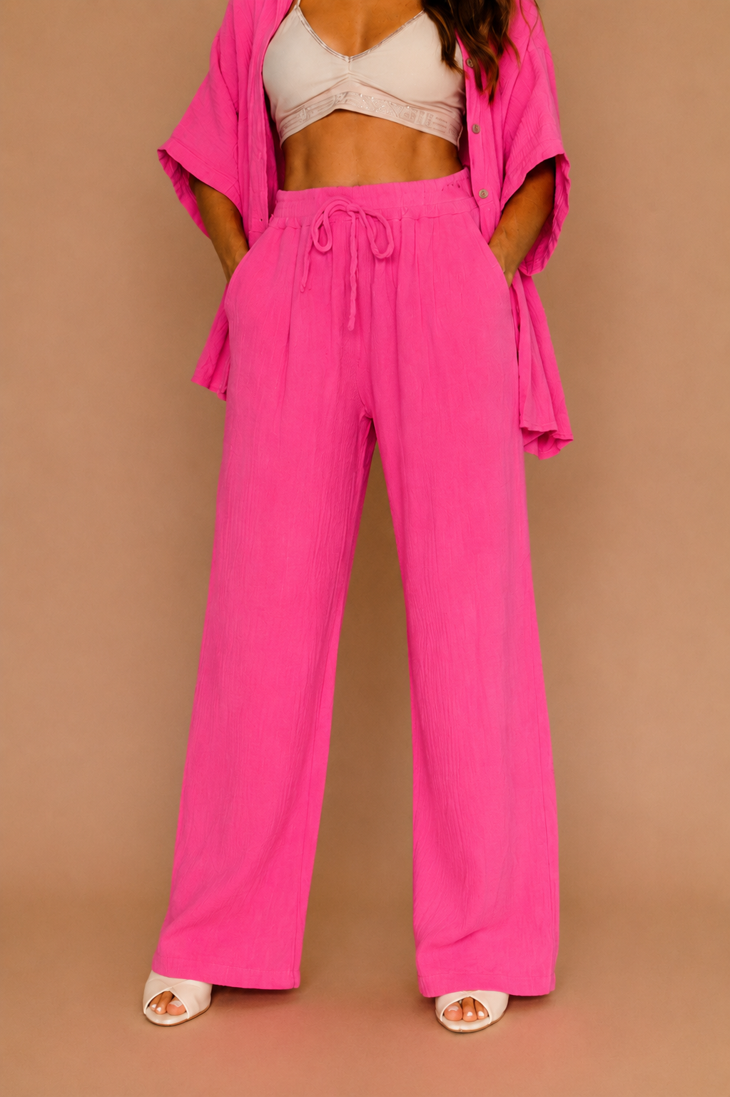 Pantalon fluide en gaze de coton rose fuchsia – Femme