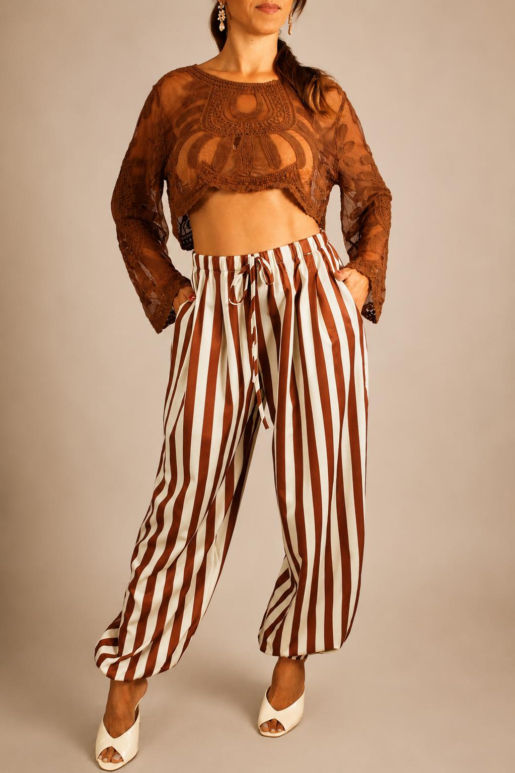 Pantalon fluide rayé chocolat & écru – Femme